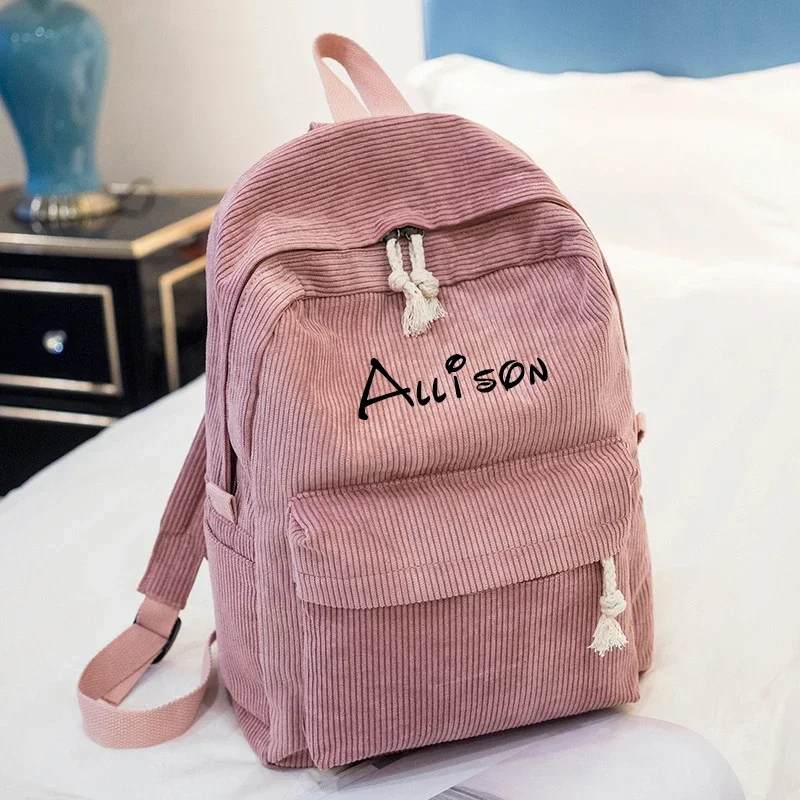 

Personalised Corduroy Knapsack Custom Your Name Casual Backpack Unisex Classic Campus Portable Ultra Soft Handbag