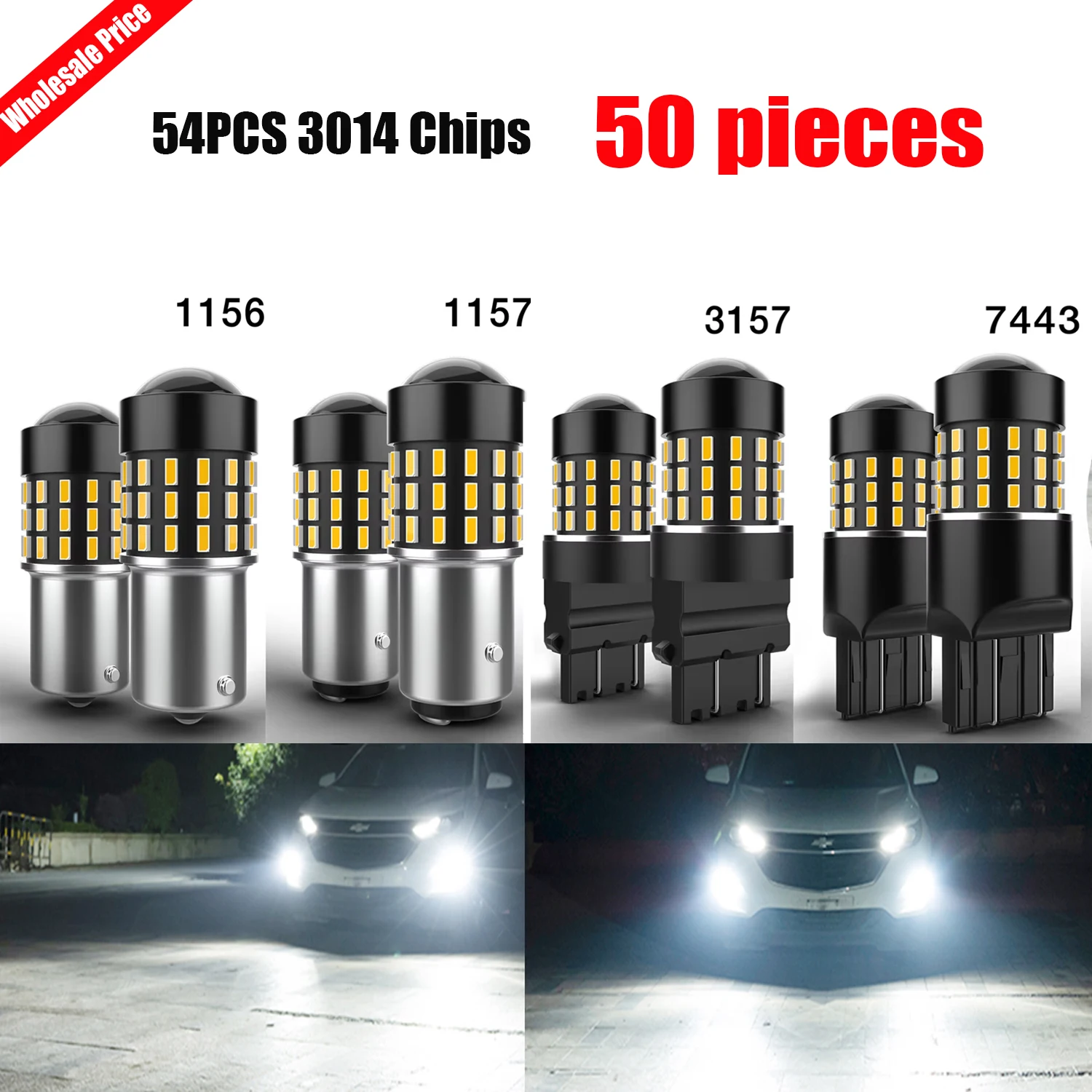 50 Pcs LED Front/Rear Turn Signal 54PCS 3014 Chips Easy Installation 6000K 7443 W21/5W 1156 P21W BA15S 1157 P21/5W BAY15d 3157