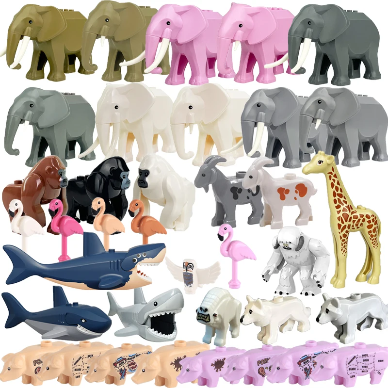 Bloques de construcción de la serie Animal City Street View, Zoo, mascota, tiburón, monstruo de nieve, gato, nutria, elefante, jirafa, gorila, juguetes para amigos