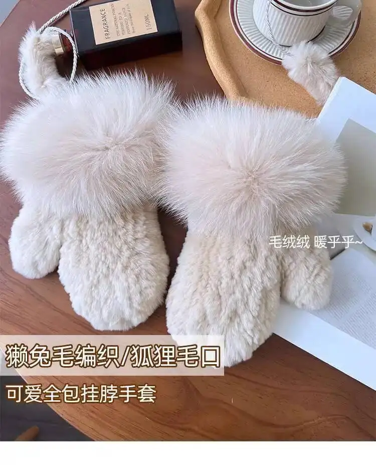 Real Rex Rabbit Fur Gloves For Women Winter Plush Thickened Warm Real Fur Gloves Handmade Knitted Fur Gloves Keep Warm Mittens