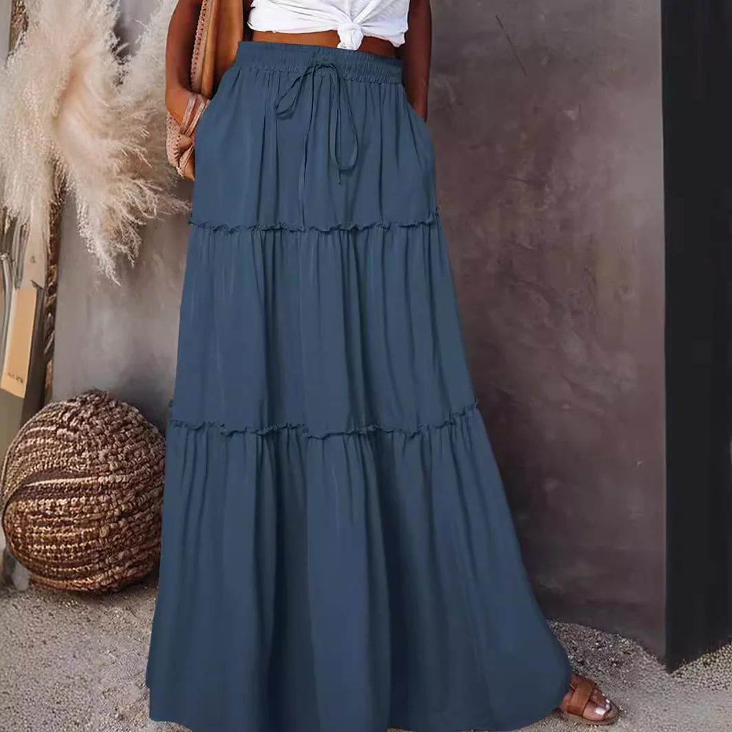 Women's Spring Autumn Elegant Pleated Skirt For Women With Elastic Waist Loose Fit A-Line Long Skirt High Waist Ruffle Skirts