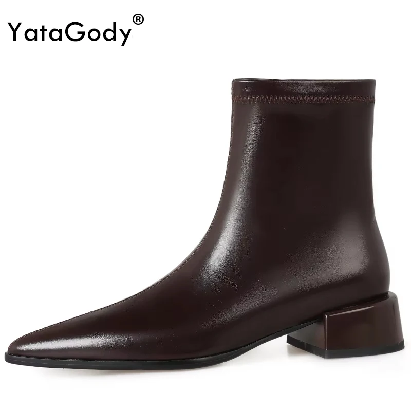 

YATAGODY Size 34-39 Women Stretch Ankle Boots Stitched Side Zipper Western Boots Chunky Heels Pointed Toe Short Boots