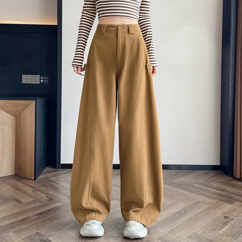 

Кофейные хлопковые брюки с высокой талией, широкие изогнутые брюки, корейские свободные повседневные брюки Harajuku Y2K с карманами, однотонные прямые брюки