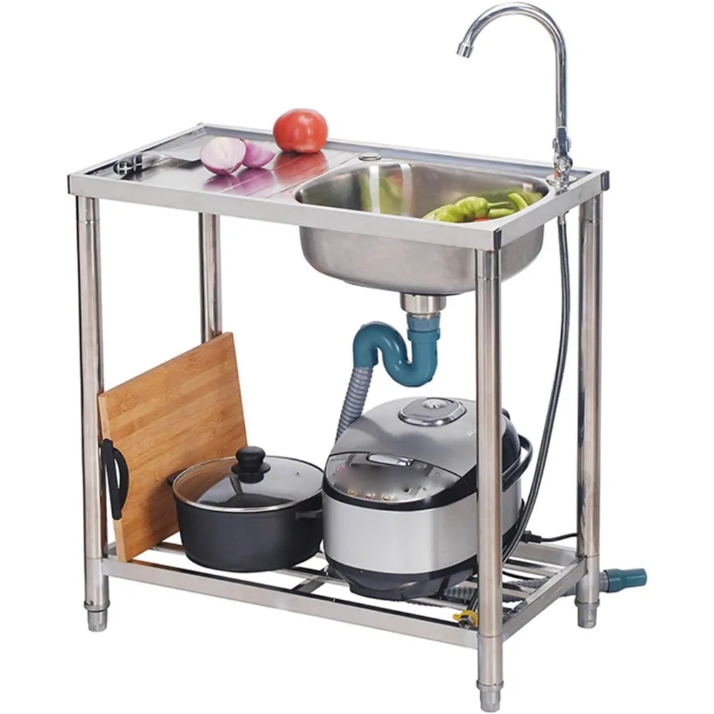 

Отдельно стоящая кухонная мойка для ресторана с одной чашей с краном и сливной доской для приготовления пищи и универсальной стирки