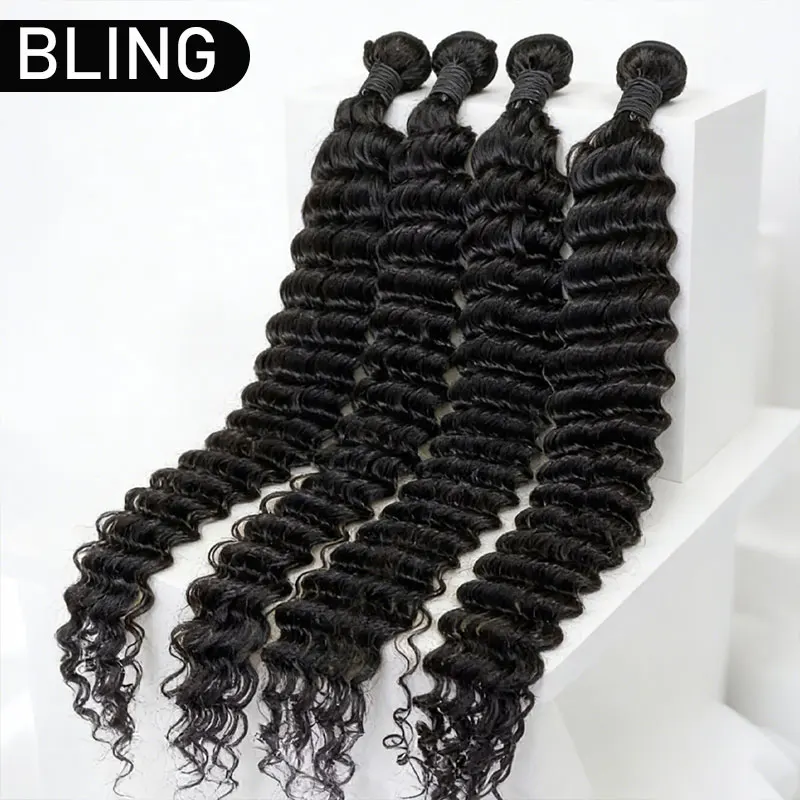 بلينغ البورمية مجعد حزم الشعر البشري 30 34 بوصة موجة عميقة حزم الشعر الخام 100% غير المجهزة لحمة مزدوجة وصلات شعر نسج #1