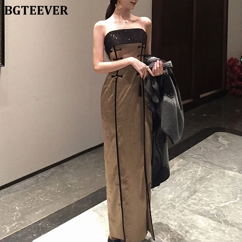 

BGTEEVER Stylish Chic Ladies Skinny Cheongsam Strapless Dress Elegant Slim Waist Women Patchwork Sleeveless Package Hip Dress