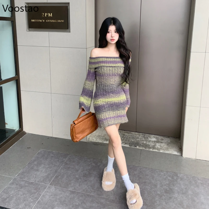 Autumn Winter Off Shoulder Knitted Dress Women Korean Style Mini Corset Dresses Gyaru Sexy Tie Dye Long Sleeve Bodycon Sweater