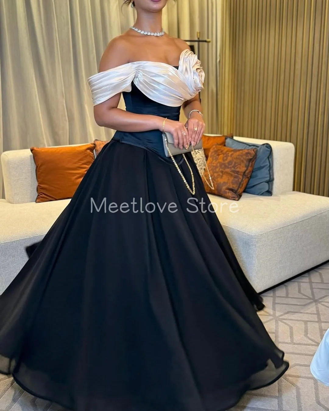 Meetlove, sin tirantes, sencillo, con un solo hombro, línea A, largo hasta el suelo, negro, flores en 3D, vestidos de graduación, vestidos de noche sin mangas personalizados