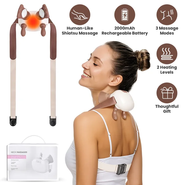 Cordless Neck and Shoulder Massager with Heat, Deep Kneading Electric Massager with Adjustable Straps, 3 Intensity Levels, 2 Heat Settings, Portable Neck Back Massage Device for Home Office Travel