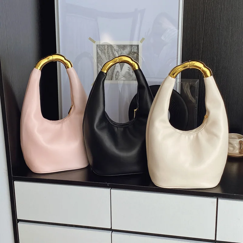 

Asymmetrical Bucket Bag Minimalist PU Underarm Purse with Metal Handle Versatile Hand Carry Tote for Commute