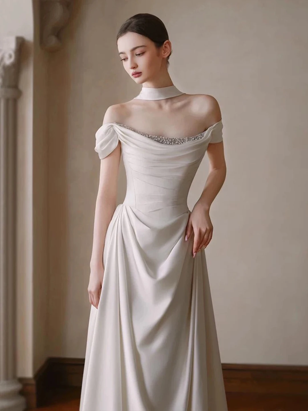 French off-Shoulder Light Wedding Dress 2026 New Bridal Light Luxury High-Grade Morning Gowns Satin Welcome Engagement Dress