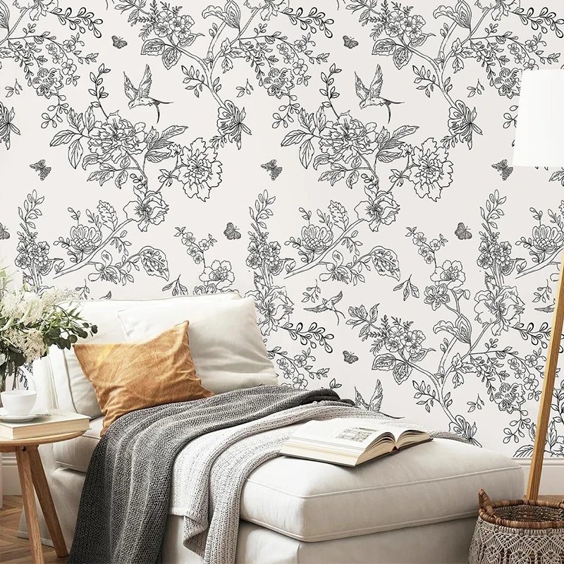 Black and white flower peeling wallpaper flower detachable self-adhesive contact wallpaper flower bird wall decoration wallpaper