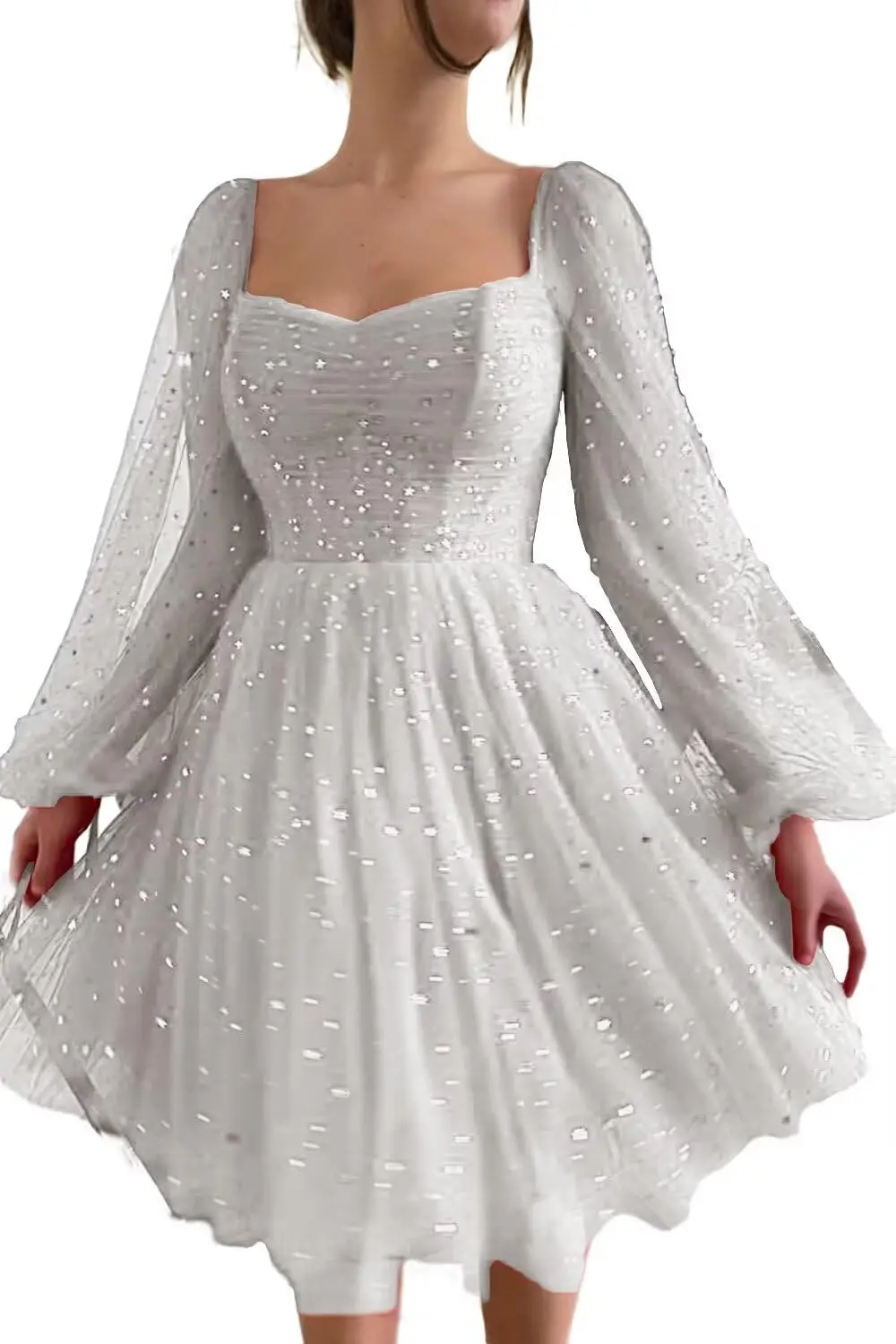 Vestido de baile de tule estrelado brilhante para adolescentes vestido de baile de manga bufante vestidos de noite formais com bolsos