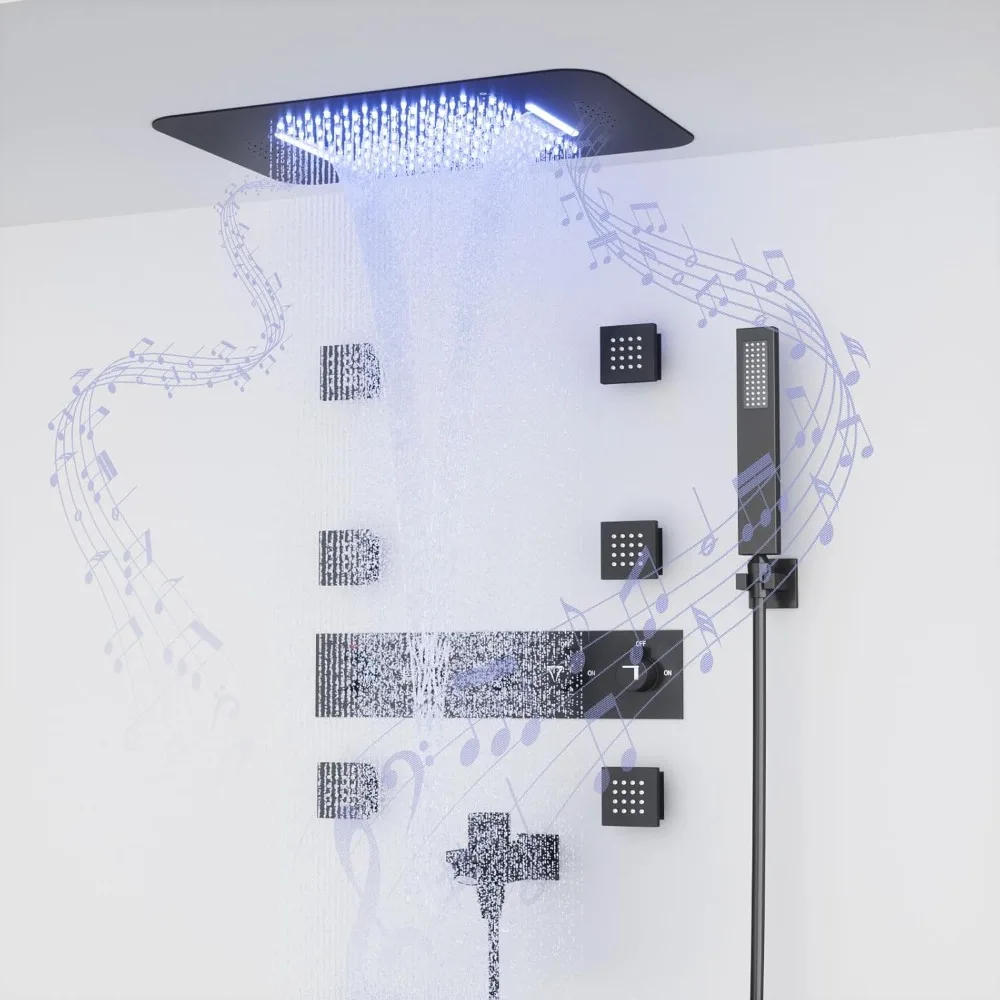 

23" Full Body Thermostatic Shower System with Body Jets, Luxury LED Music Rainfall Waterfall Shower Jets System In Wall, Smart