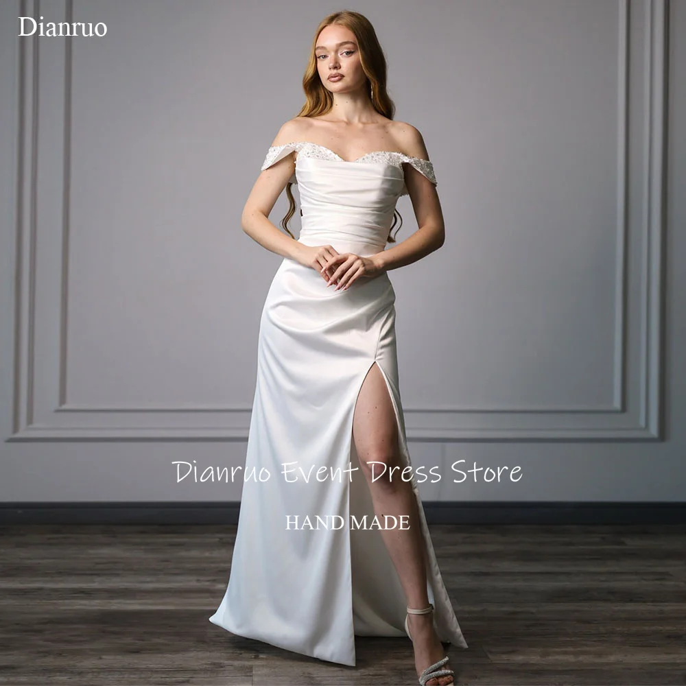 Dianruo Geraffte Mieder Anmutige Brautkleider Off Schulter Asymmetrische Vestido De Noiva Seite Schlitz Abendkleider Angepasst