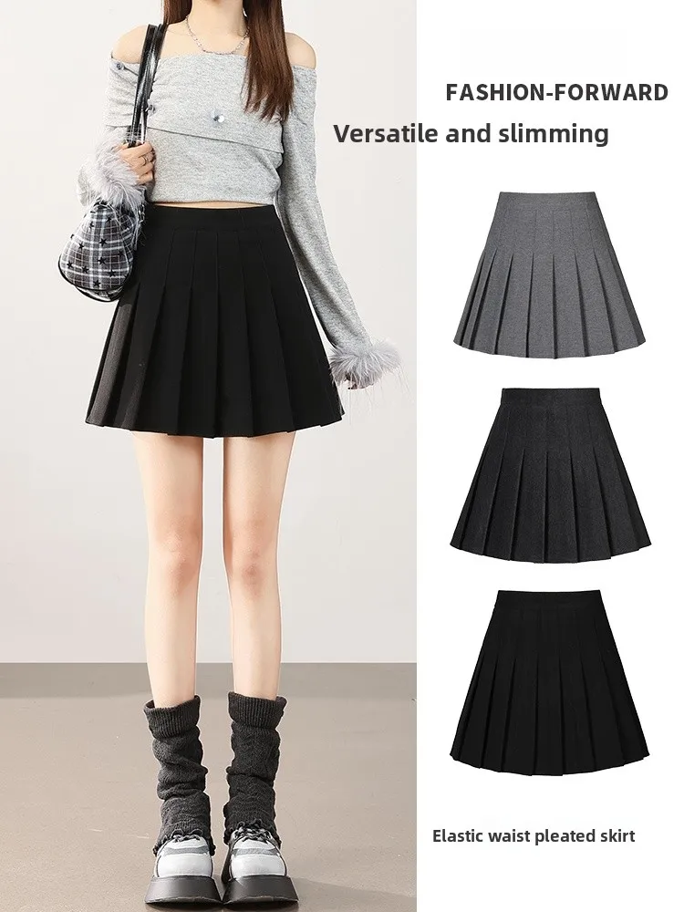 

Slimming High Waist A-Line Skirt in Bla Woolen Plaid for Women College Sle ort Skirt with Pencil Skirt Effect
