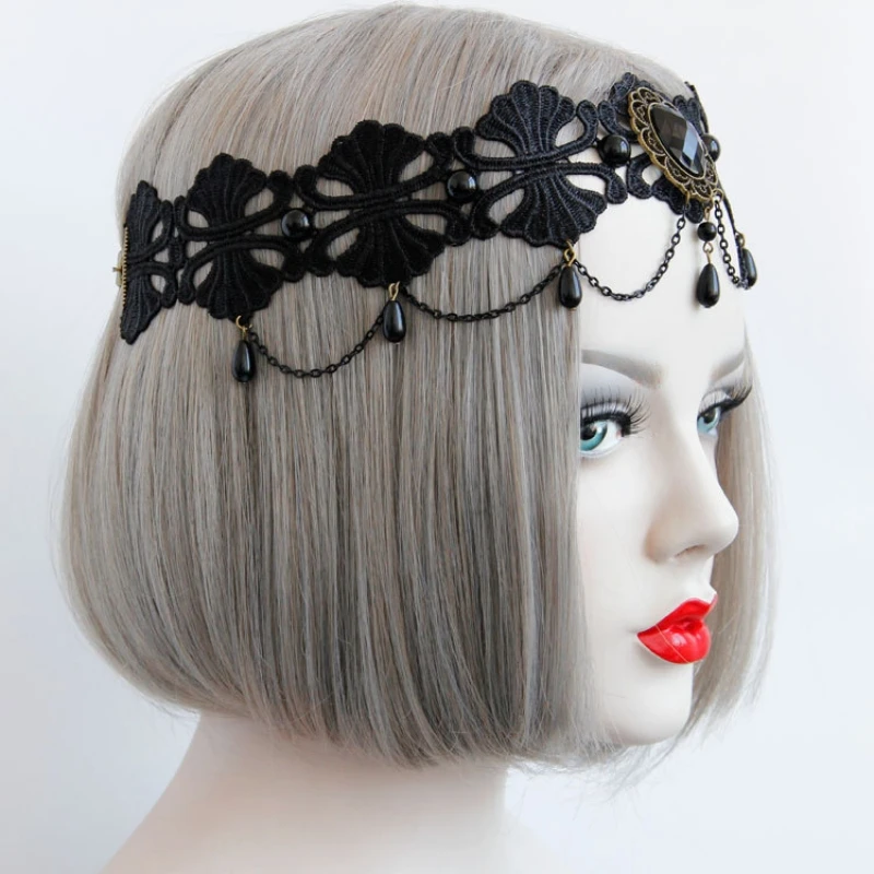 Diadema de encaje negro gótico con colgante de diamantes de imitación, accesorios para la frente ajustables para Cosplay de Halloween, reina de las brujas