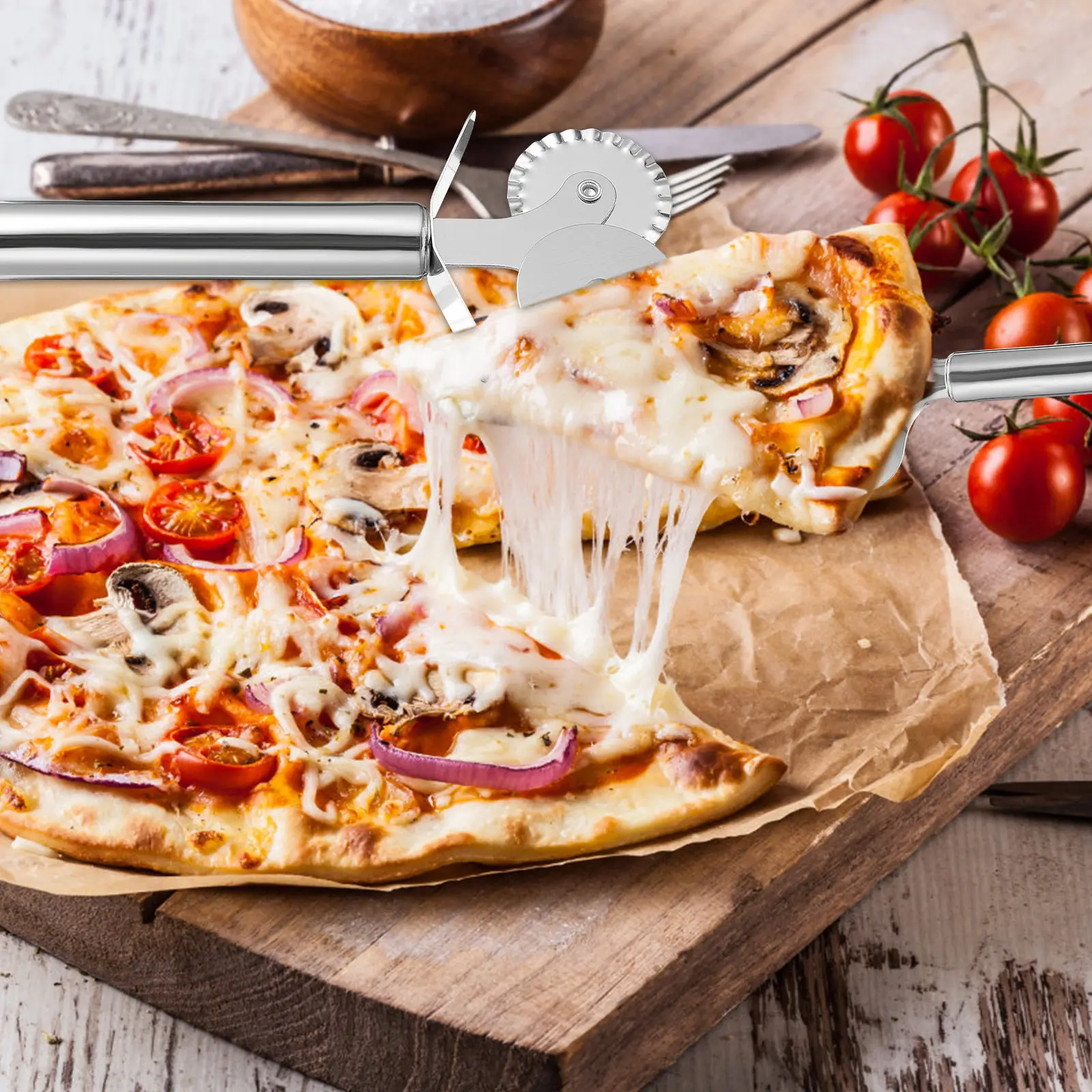 1Set Rustproof Stainless Steel Pizza Slicer and Cake Shovel Set Streamlined Design Baking Tools for Pizza Wheel Cutter Cake