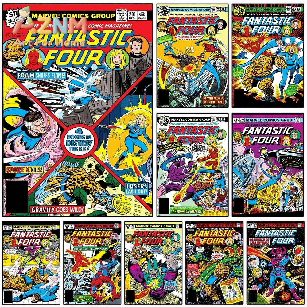 AZNM Fantastic Four 4 Dooms to Destroy The FF Vintage Comic Collage Canvas Wall Art Unframed Print, Superhero Poster for Bedro