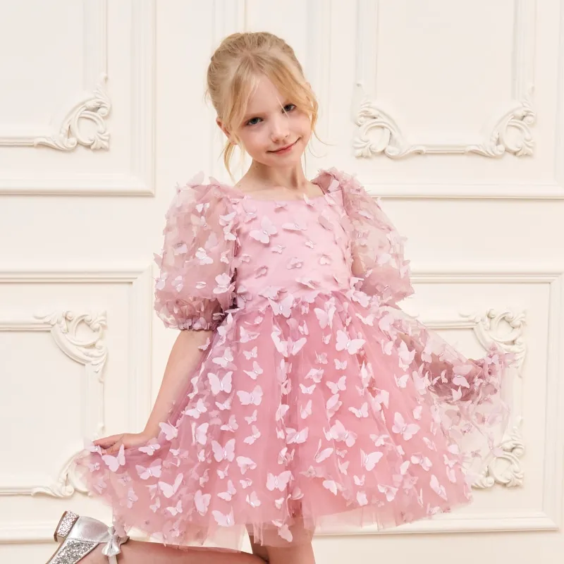 Fashion Baby Girl Princess Butterfly Tulle Dress Puff Sleeve Child Tutu Vestido Pageant Party Birthday Baby Clothes 1-12Y