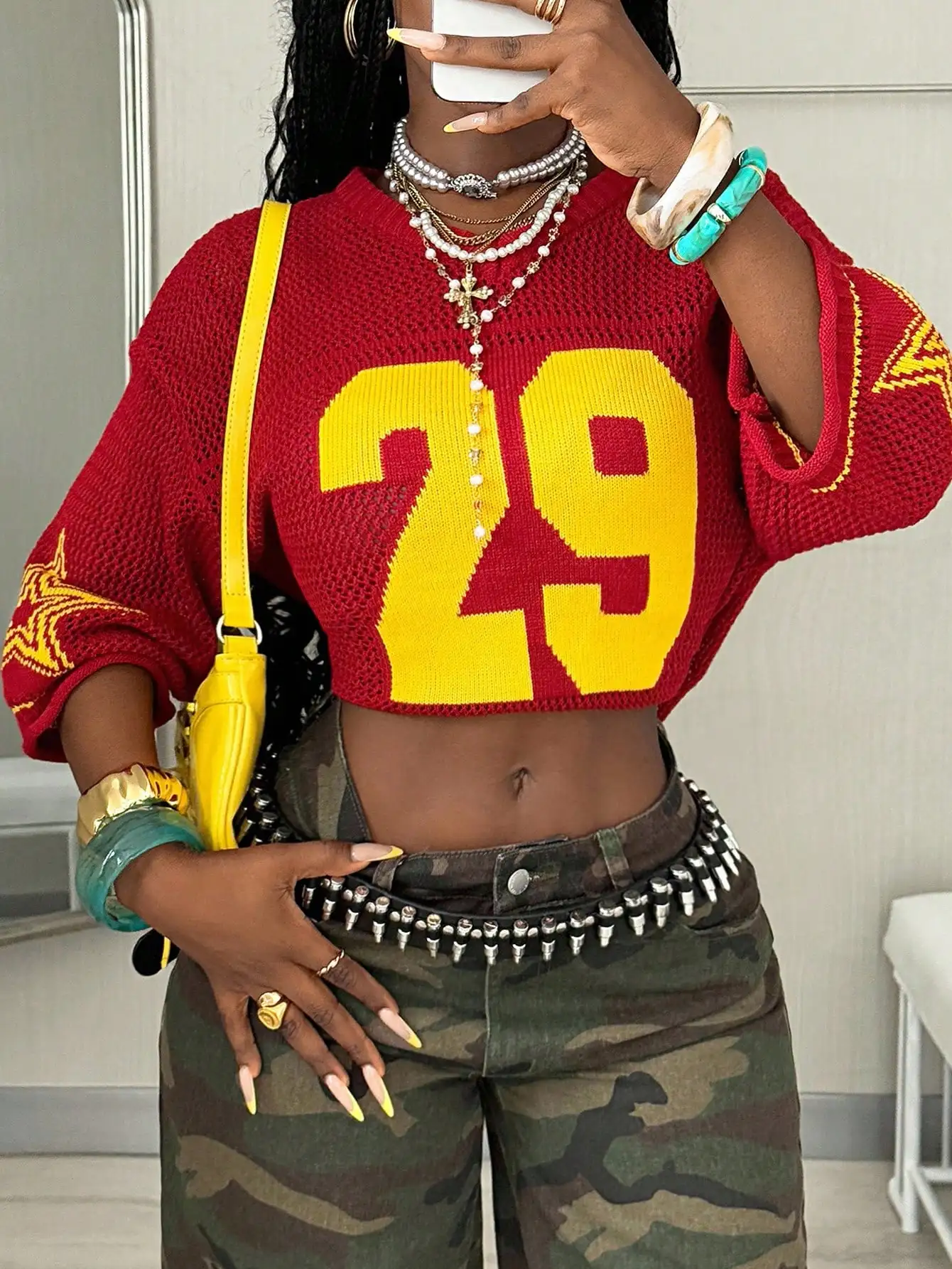 

Красно-желтый укороченный вязаный свитер с номером 29 для женщин, в уличном стиле, свободного кроя