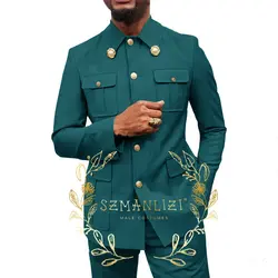 Mode Olie Groene Mannen Pak 2 Stuks Pak Chiness Blazer Groomsmen Formele Bruiloft Formele Feestpakken Jas + Broek