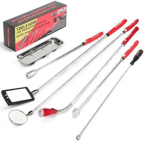 

TOOLEAGUE 7Pcs Magnetic Pickup Tool Set with LED Light & 360° Mirror – Red