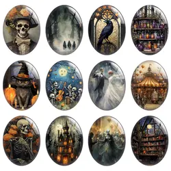 10pcs/lot Halloween Gothic Horror Skull Cat Raven Graveyard Oval Photo Glass Cabochon Flatback Demo Cameo Diy Jewelry Making