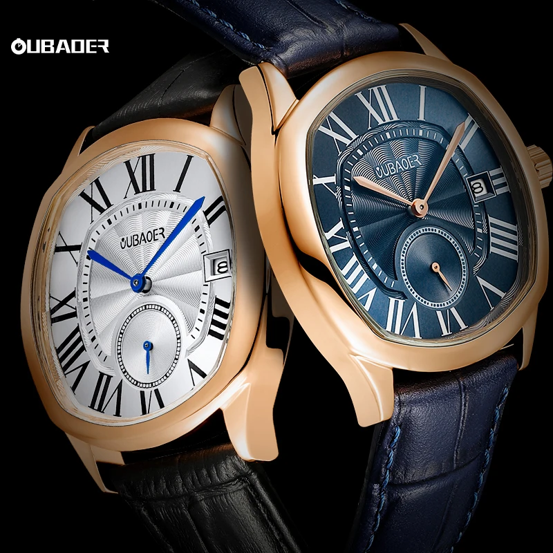 OUBAOER Men's Ocean Series Quartz Watch Streamlined Alloy Case Slim Thickness Soft Genuine Leather Strap Fashion Luxury Clock