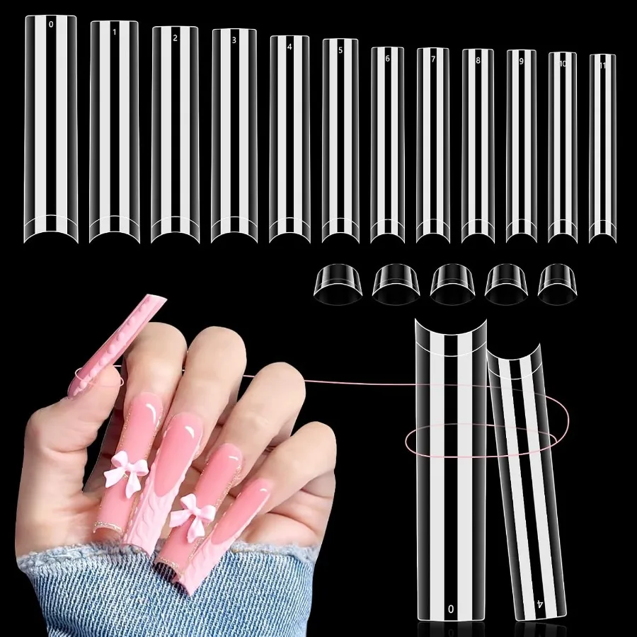 

504 PCS No C Curve Clear Nail Tips for Acrylic Nails Profional 3XL Extra Long 12 Sizes Half Cover Straight Tapered Square Frenc