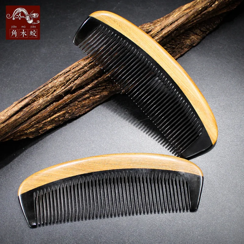 Green sandalwood and buffalo horn comb for massage and hair styling, handmade craft comb