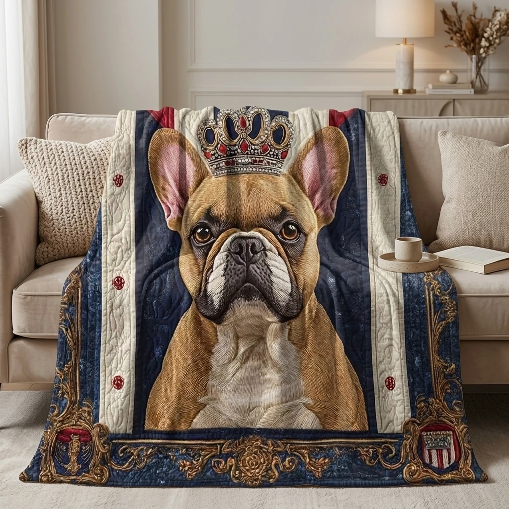1PC Vintage Ornate French Bulldog & Crown Thick Flannel Blanket, Soft Warm Throw, Ideal Gift for Adults Boys Girls