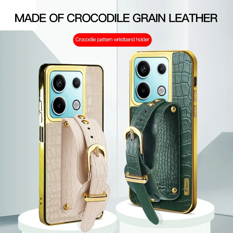 

Чехол для телефона Redmi Note 13 Pro Plus 13C 4G 5G из крокодиловой кожи и силикона с ремешком на запястье, подставкой и мягким покрытием