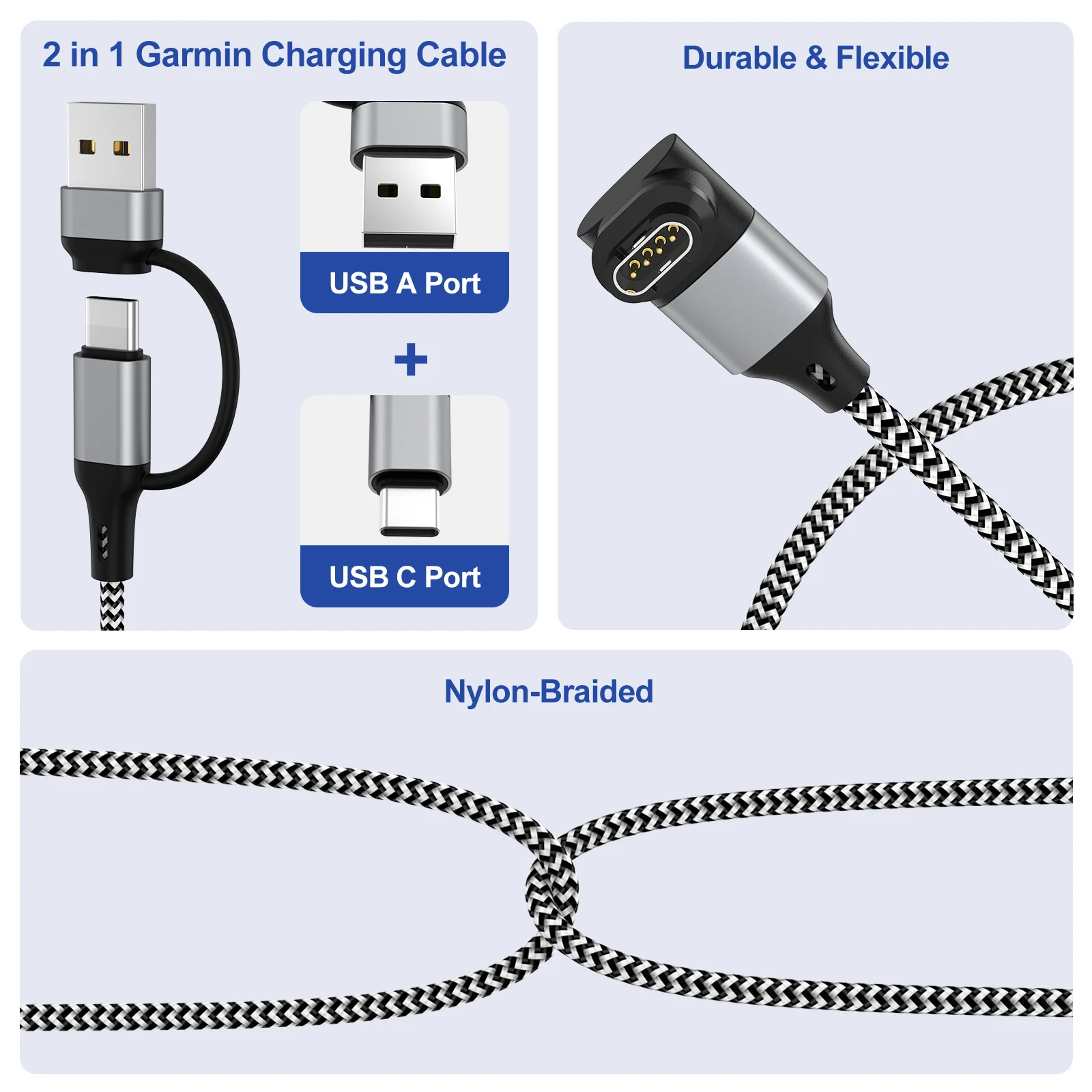 كابل شحن USB من النوع C من النايلون لـ Garmin Fenix 8/E/7/6/6X/6S/5X/5 /5S Venu2/VenuSq2/3/3S Vivoactive4/4S/3 Approach S70/S62