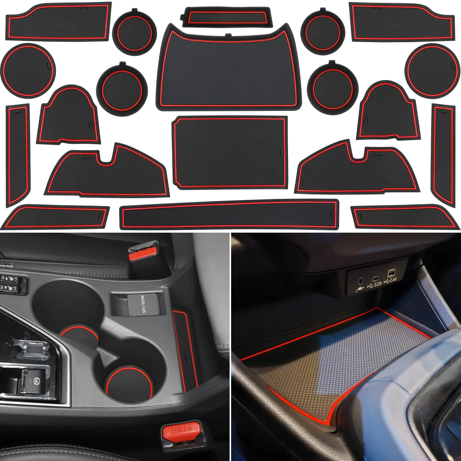 

20pcs Car Center Console Liner Set For Compact SUV Sedan 2024-2026 Cup Holder Mat Non-Slip Rubber Trim Red