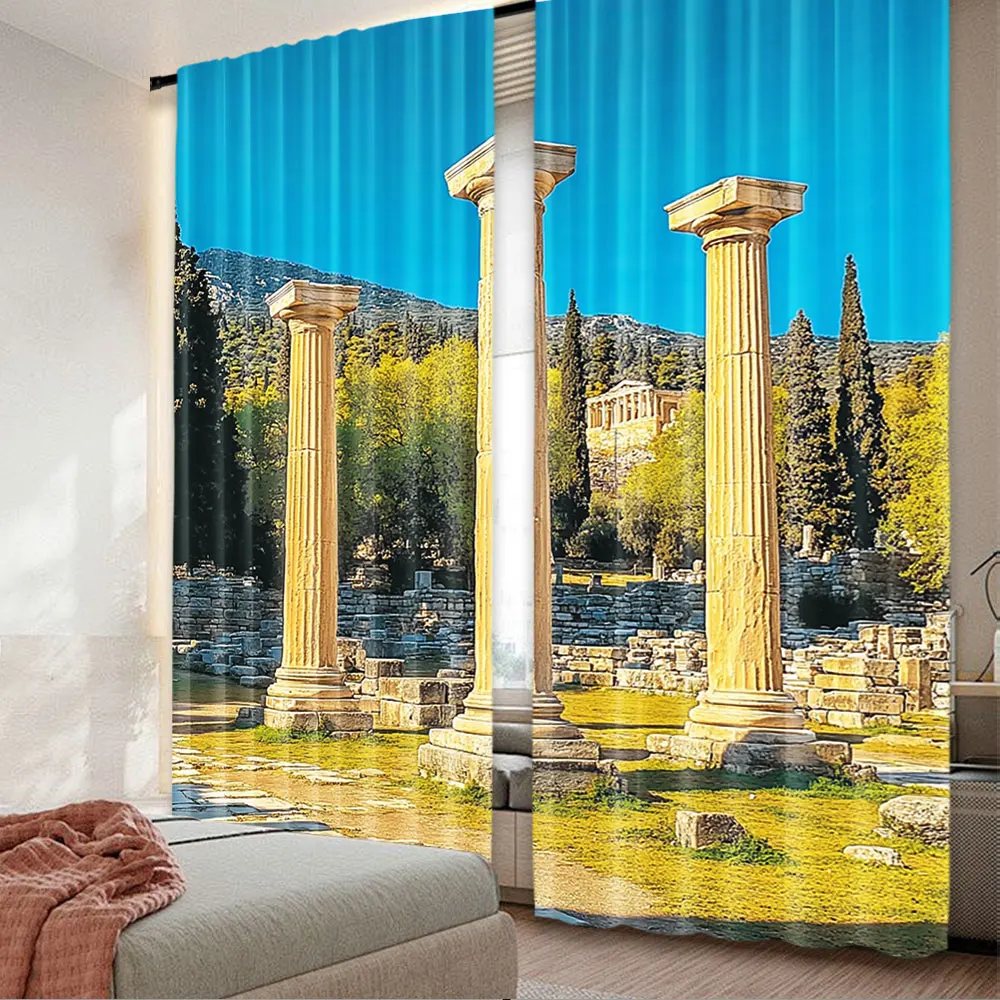 2Pcs Antique Greece Sanctuary Pillar Curtains Greece Arean Curtains Ancient Greece Place Historic Building View Curtains A