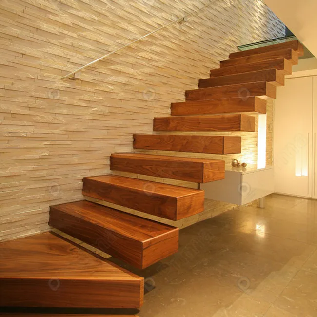 Escaleras Flotantes de Diseño Moderno de Lujo Prima, Luces LED con Sensor de Movimiento, Escalones de Madera y Vidrio sin Marco, Material de Madera Maciza y Metal