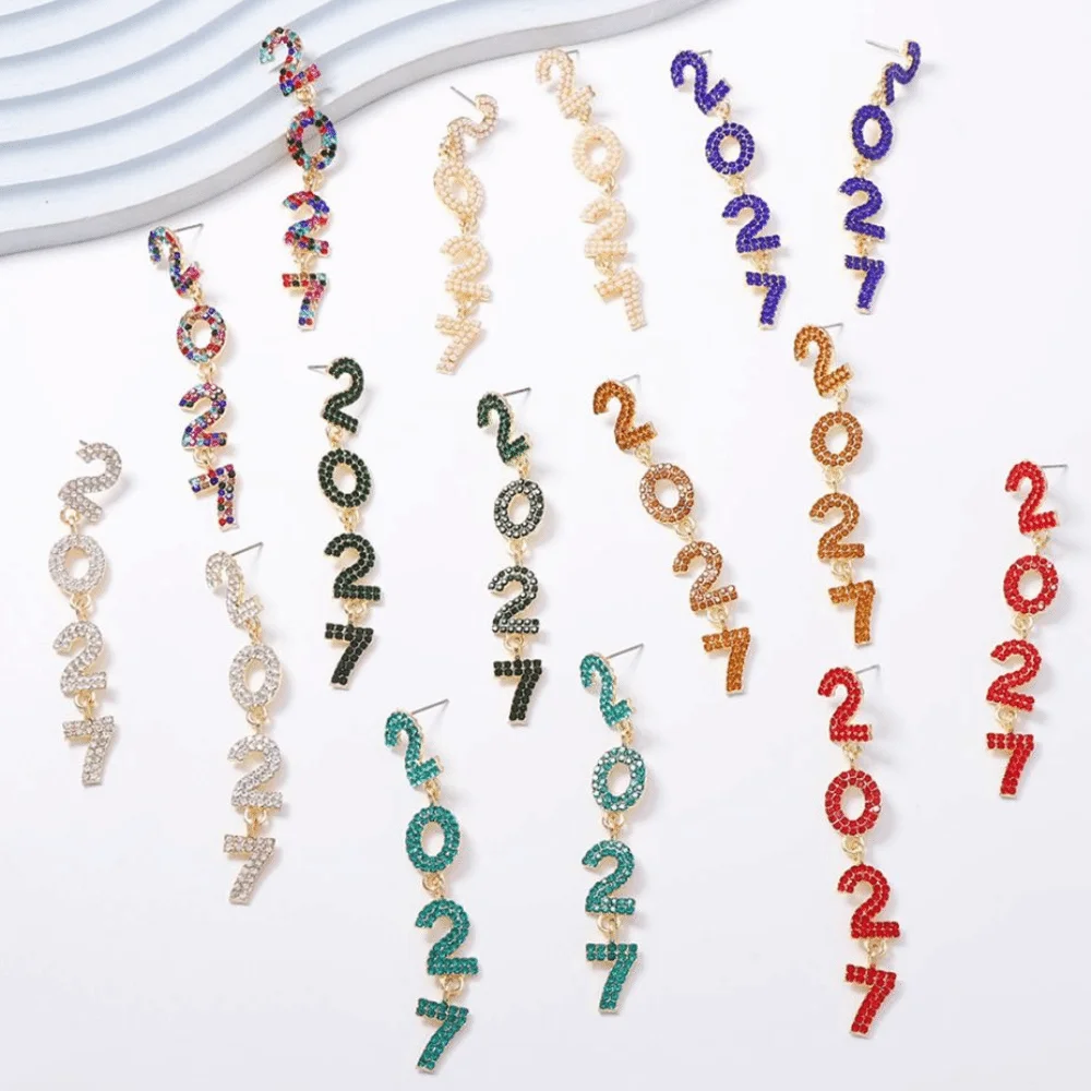 Pearl 2027 Digital Earrings Shiny Zircon Happy New Year Earrings Colorful Rhinestone Christmas Stud Earrings Daily