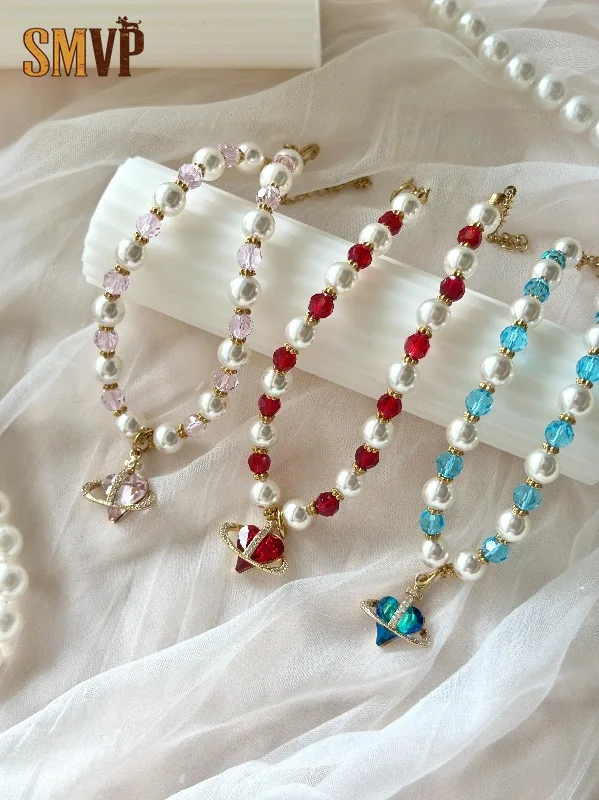 Charming Multicolor Star Zircon Faux Pearl Pet Necklace Adjustable Decor Collar for Small Pet Artistic Creative Photography Use