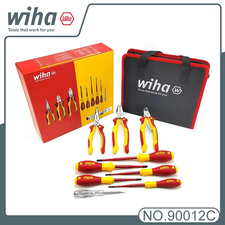 Wiha 90012C Insulated Electrician Pliers Set Long Nose Steel Wire Cutters with Screwdriver and Bag 1000v