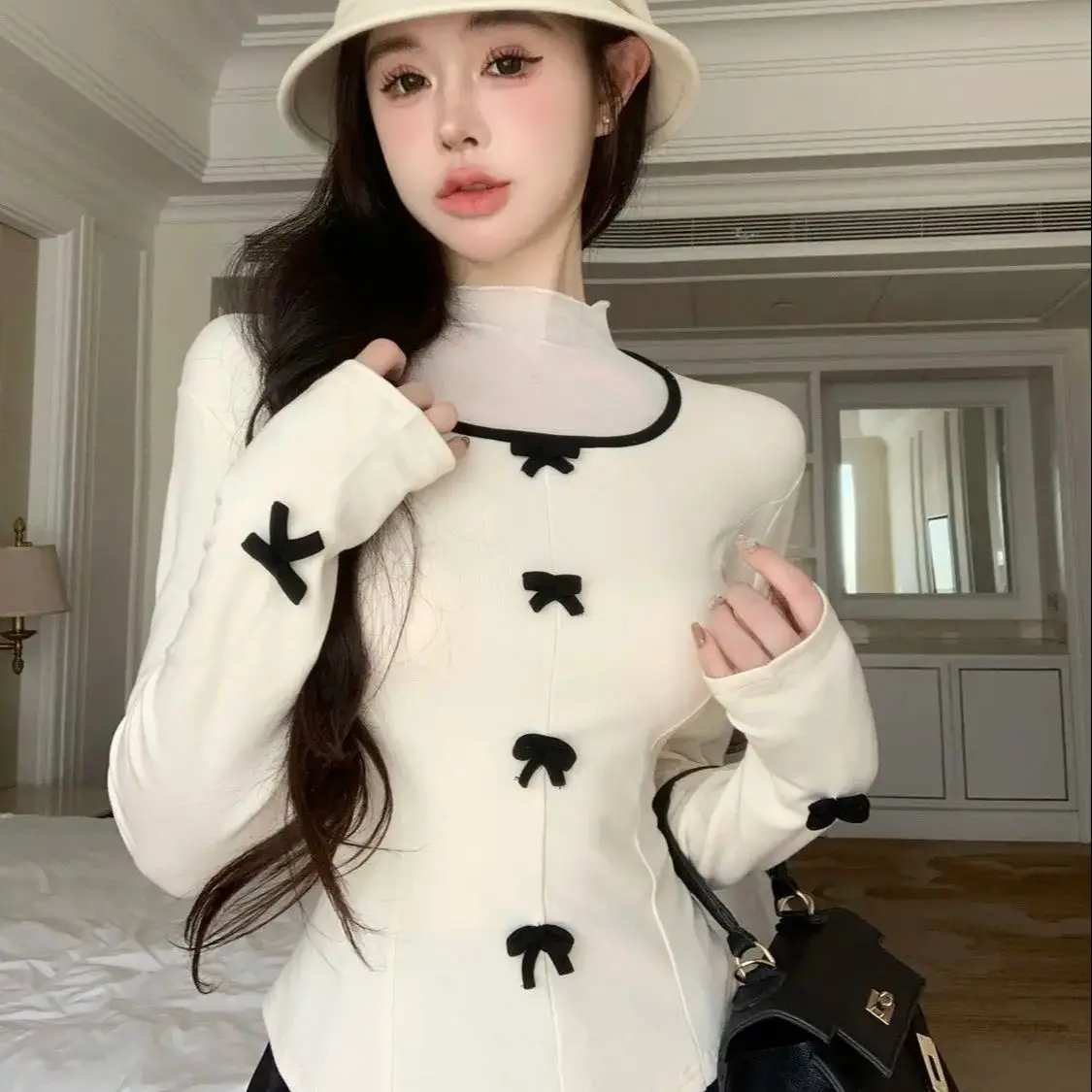 

French Mesh Stitching Half Turtleneck T-Shirt Women Autumn Winter New Bow Short Style Slim Long Sleeve Top Bottoming Shirt