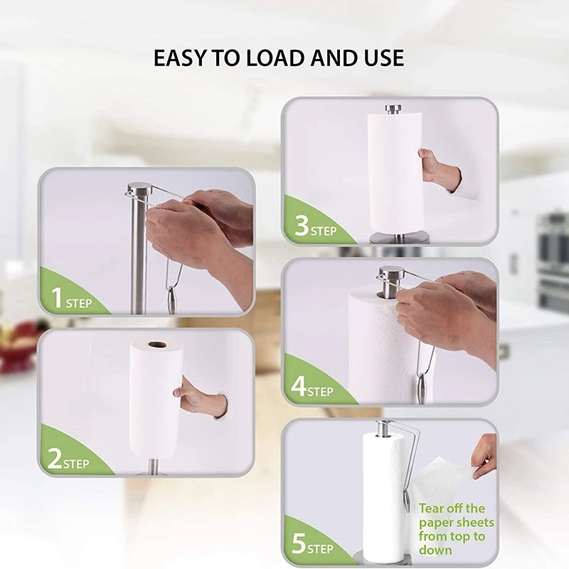 Paper Towel Holder Stand With Base For Kitchen,Stainless Steel Paper Towel Dispenser,Prevent Paper Rolls From Falling