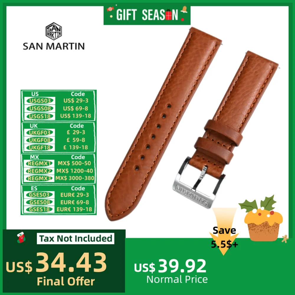 San Martin Watchband Leather 20mm Natural Litchi Pattern Full Grain Textured Cowhide Watch Strap Band Sweat Comfortable BD0013