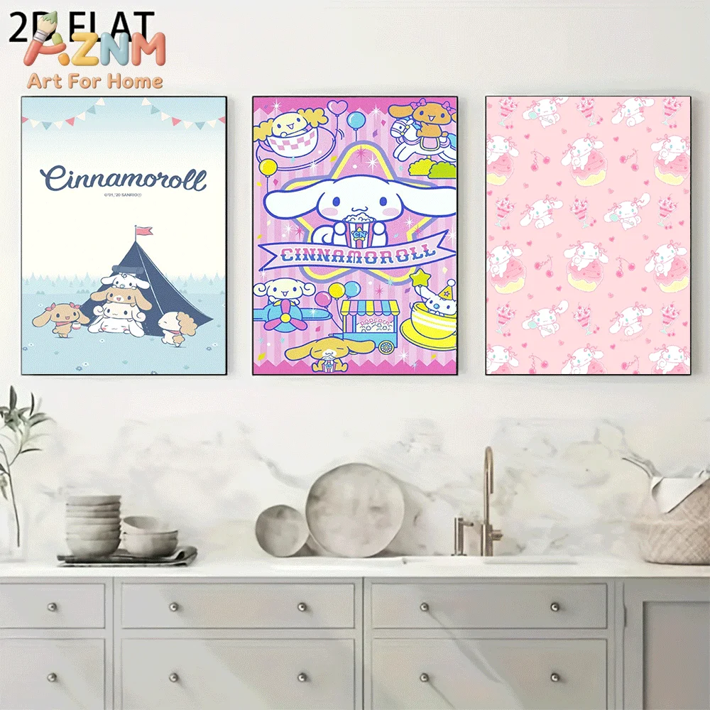AZNM Cinnamoroll Canvas Wall Art Unframed Cute Cartoon Print Poster Camping Carnival Party Cherry Pattern Design for Girls Bedro