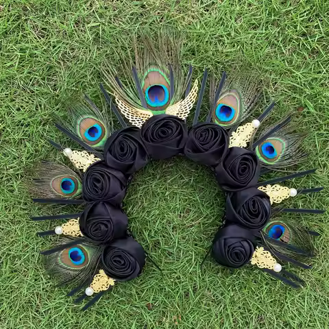 Peacock Feathers Golden Accessories Halo Crown Spiked Goddess Festival Met Gala Wedding Boho