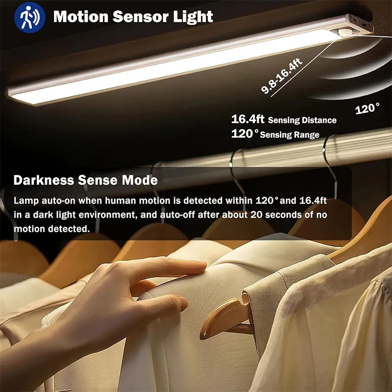 LED Motion Sensor Light Under Counter Lighting Wireless USB Rechargeable Kitchen Night Lights Magnetic 3-Colors Bedroom Lighting