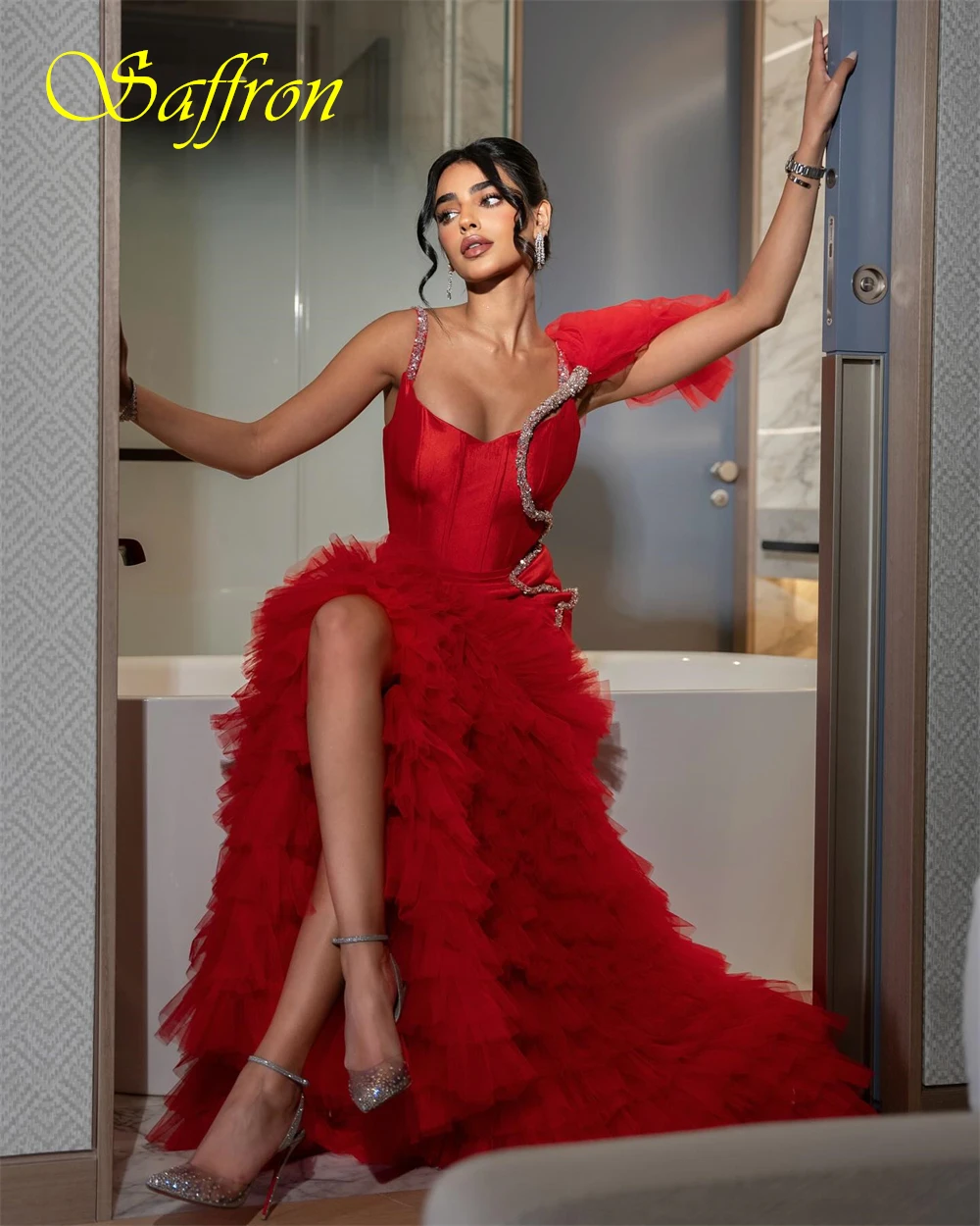 تخصيص الخامس الرقبة الساتان حورية البحر مساء اللباس حساسة كريستال حزب فساتين كلاسيكية الجبهة الشق فساتين المناسبات الخاصة