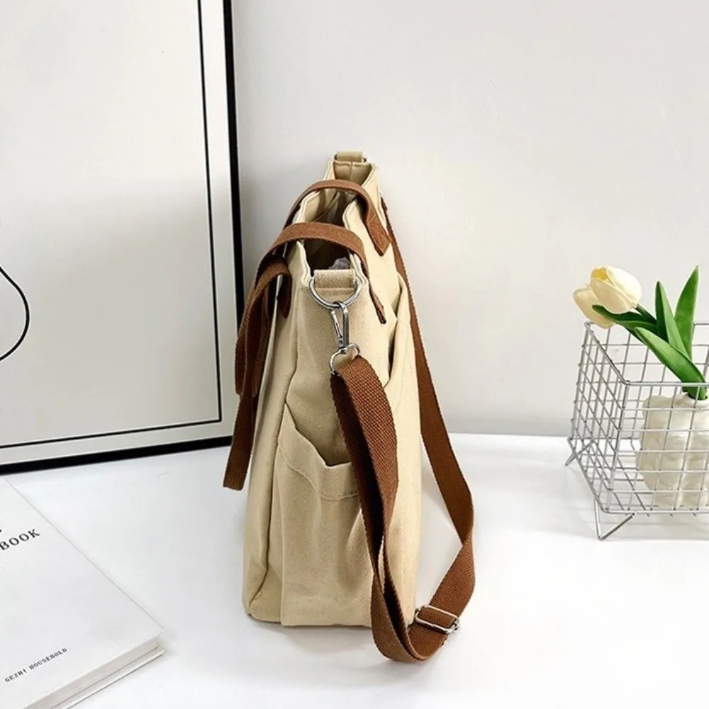

Thickened Canvas Handbag Zipper Japanese Style Large Capacity Tote Bag Solid Color Multi-Pocket Commuting Crossbody Bag Women