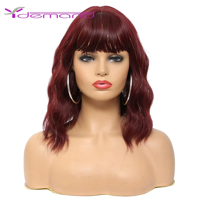 Y Demand Short Natural Wave Hair Synthetic Wigs With Neat Bangs for Women Black Red Pink Blue Green High Quality