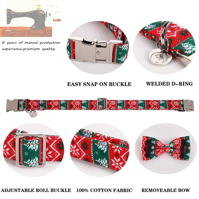 Unique Style Paws Personlized Christmas Dog Collar with Bow Green Red Dog Collar Flower Dog Collar Large Medium Small Dog